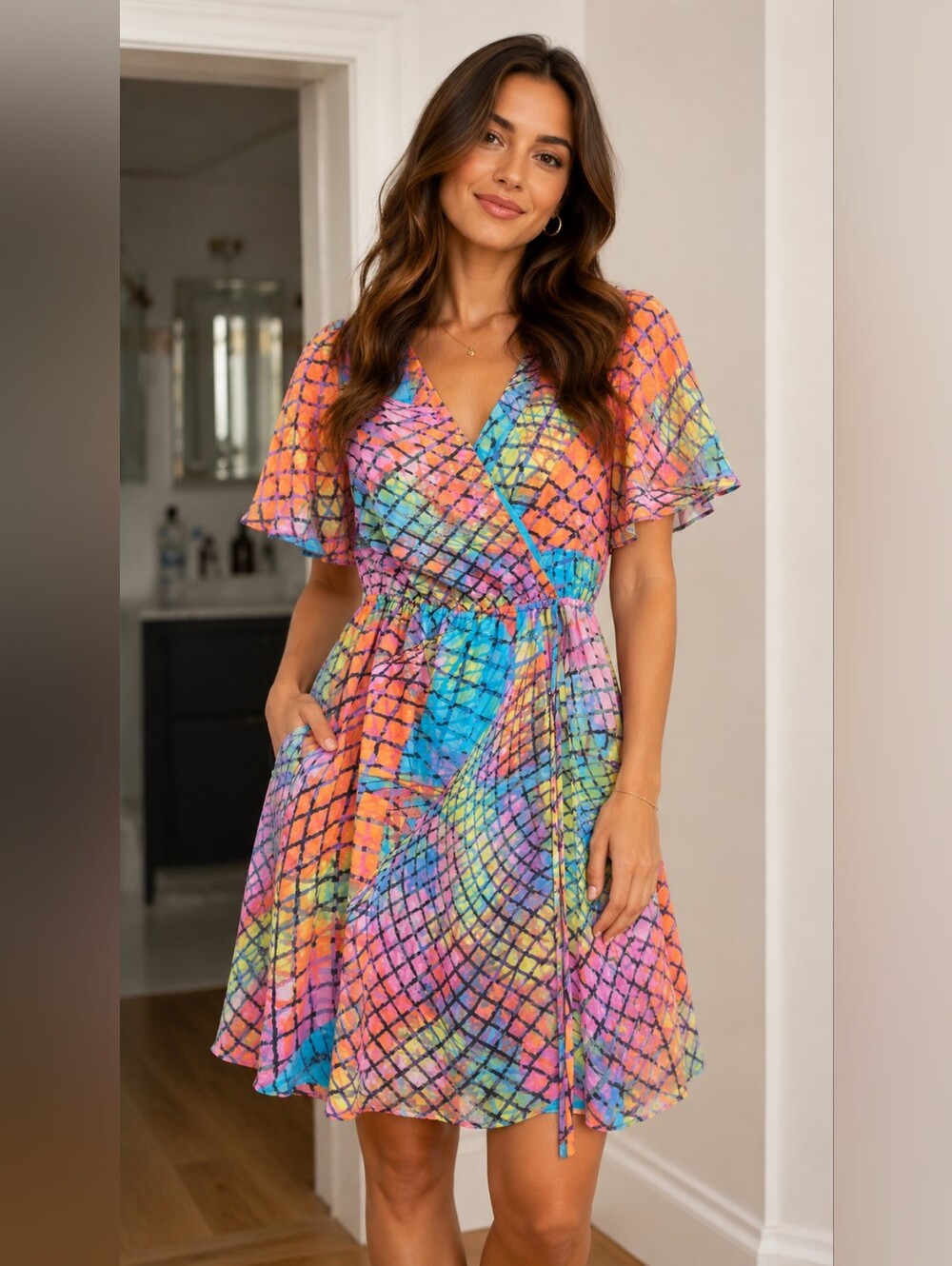 Multicolor Grid-Print Wrap Dress